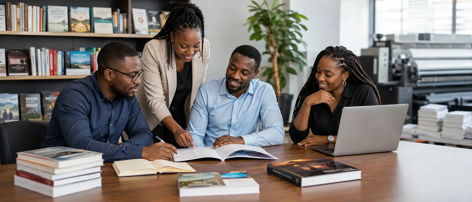 Wise Pen N’ Paper staff reviewing a printed manuscript with a client at a table of published books.